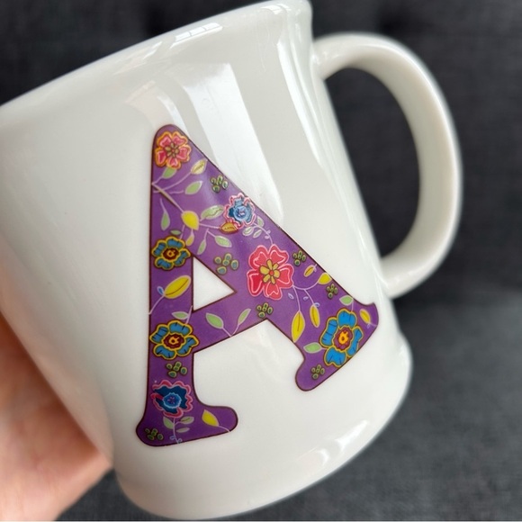 Floral “A” Initial “Love the Moment” Mug, White, Purple, Colorful, 12 oz - Picture 13 of 15